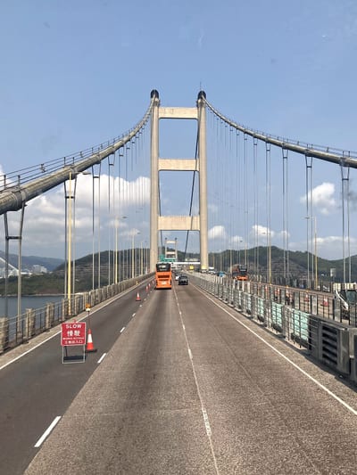 Crossing the Tsing Ma Bridge by bus on the way into Hong Kong