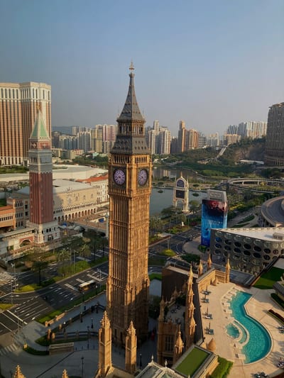 A replica clock tower seen from above, the Venetian behind it